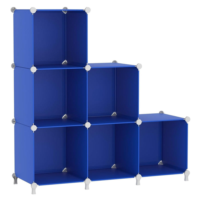 Modular plastic cube organizers in the color blue.